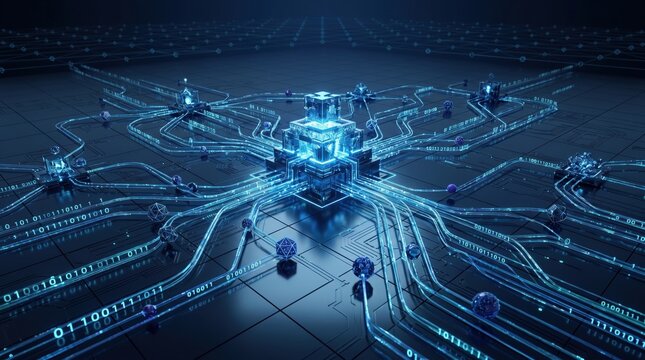 Futuristic abstract blue glowing data network with central processor hub connecting multiple nodes via circuit lines and binary code streams on dark background