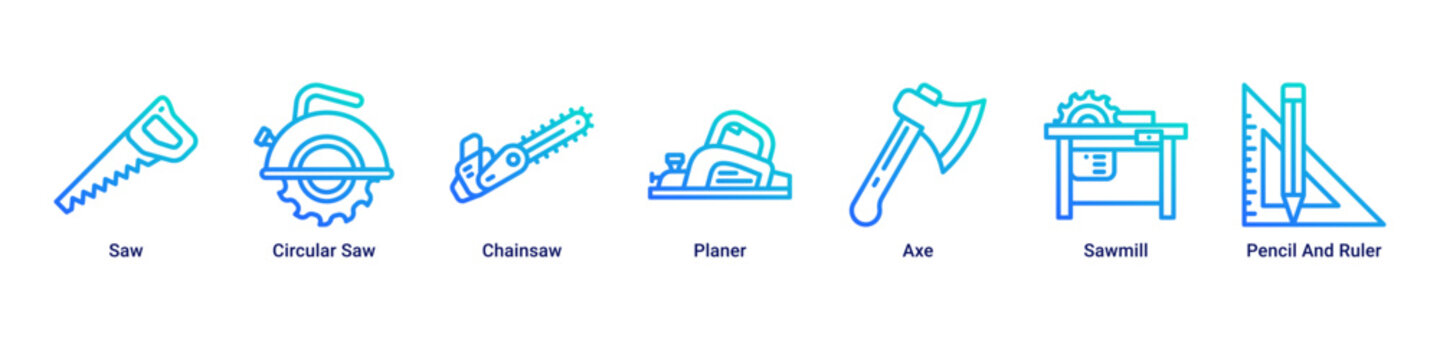 Wood Craft web banner icon vector illustration with Saw, Circular Saw, Chainsaw, Planer, Axe, Sawmill and Pencil And Ruler for woodworking projects