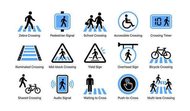 Pedestrian crossing and walkway signs illustrated in grid
