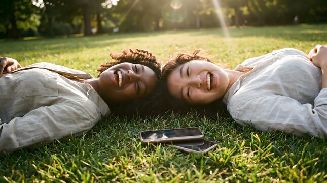 Authentic Multiracial Teen Friendship Laughing on Grass with Smartphones Face Down, Golden Hour Digital Detox Lifestyle Concept
