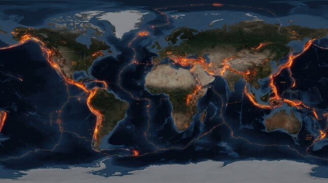 Global Volcanic Activity Map: A world map illustration showing the active tectonic plates and volcanic hotspots across the globe, highlighting areas of geological unrest and potential seismic events.
