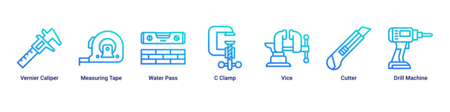 Precision Tools web banner icon vector illustration with Vernier Caliper, Measuring Tape, Water Pass, C Clamp, Vice, Cutter and Drill Machine