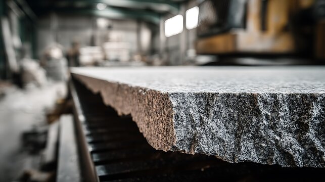 Large Raw Granite Stone Slab in Industrial Workshop.