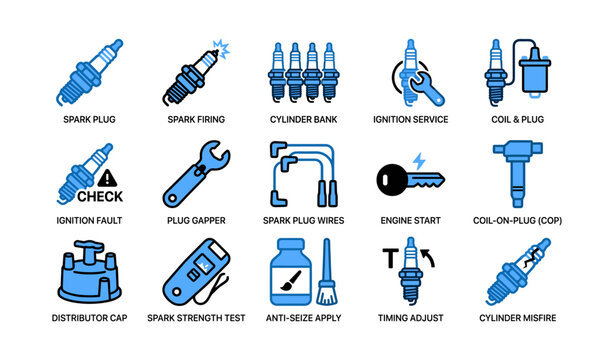 Spark plug and ignition icons arranged in a grid layout