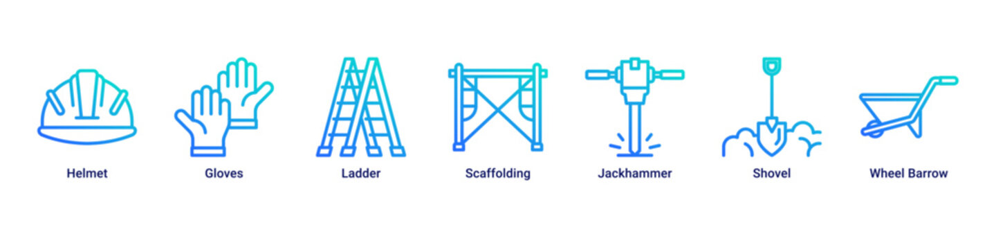 Builder Gear web banner icon vector illustration with Helmet, Gloves, Ladder, Scaffolding, Jackhammer, Shovel and Wheel Barrow for builders
