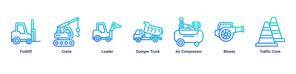 Heavy Lift web banner icon vector illustration with Forklift, Crane, Loader, Dumper Truck, Air Compressor, Blower and Traffic Cone © Arjuna