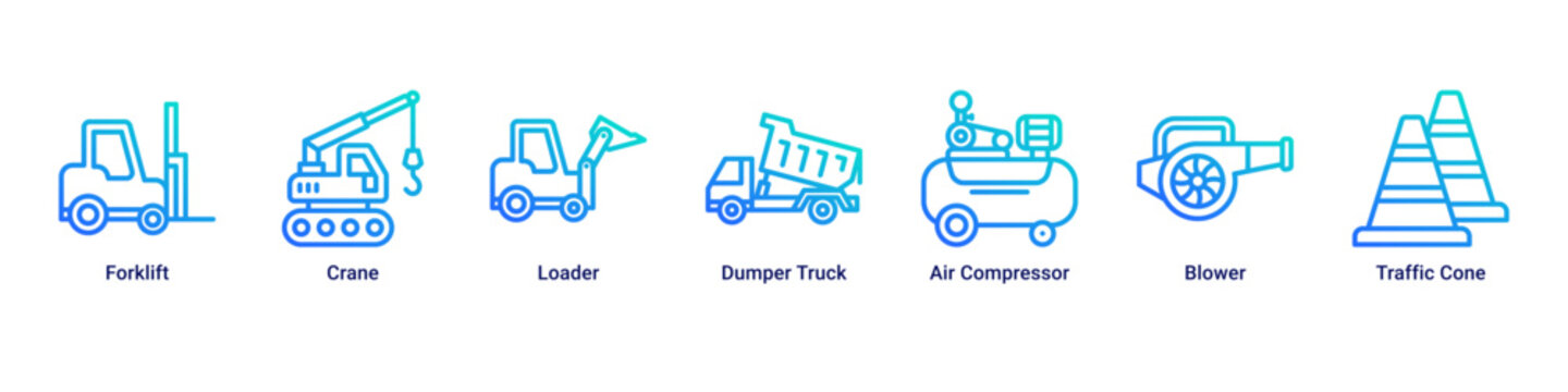 Heavy Lift web banner icon vector illustration with Forklift, Crane, Loader, Dumper Truck, Air Compressor, Blower and Traffic Cone