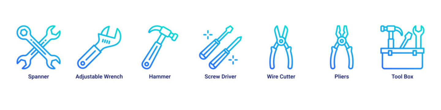 Workshop Kit web banner icon vector illustration with Spanner, Adjustable Wrench, Hammer, Screw Driver, Wire Cutter, Pliers and Tool Box
