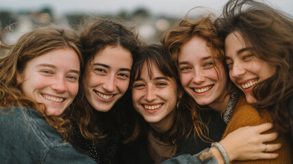 Obraz premium Group of friends hugging each other, smiling and sharing a joyful moment, warm and close-knit atmosphere, candid shot, soft natural light