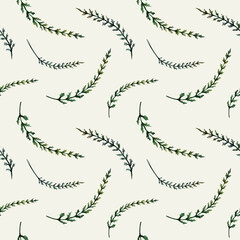 Yarrow leaves seamless pattern watercolor illustration on cream background. Achillea foliage for sensitive skincare cosmetics packaging, gentle organic child care branding, detox herbal tea print © AnKa