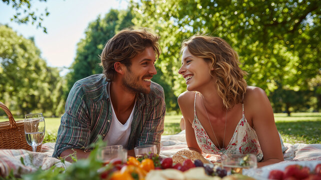 A couple enjoying a picnic on a blanket in a park, smiling and laughing, surrounded by delicious food, trees, and a bright sunny day, evoking joy and relaxation