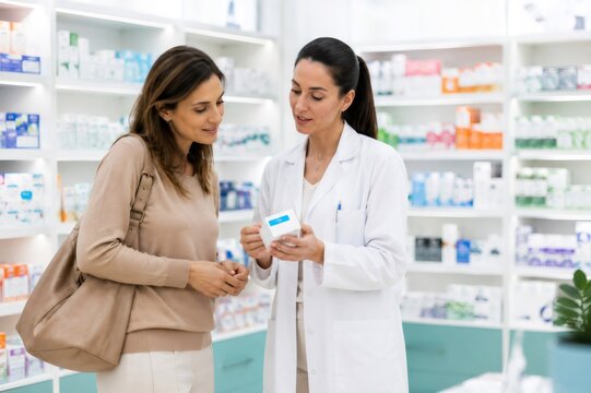 Pharmacist advising customer about medicine in drugstore