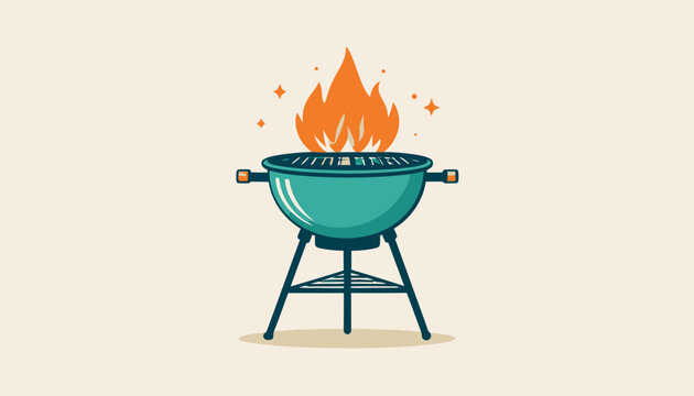 Blue charcoal kettle grill with orange flames