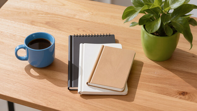 Coffee Cup, Notebooks, and Green Plant on Wooden Desk - Productive Workspace