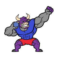 Obraz premium Muscular Purple Bull Mascot Character in Shot Put Throwing Action