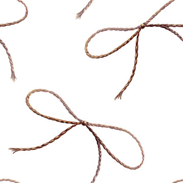Vintage twine bow seamless pattern watercolor illustration. Craft string ribbon for organic pharmacy branding, handmade soap packaging design, rustic gift wrapping paper, eco wellness print