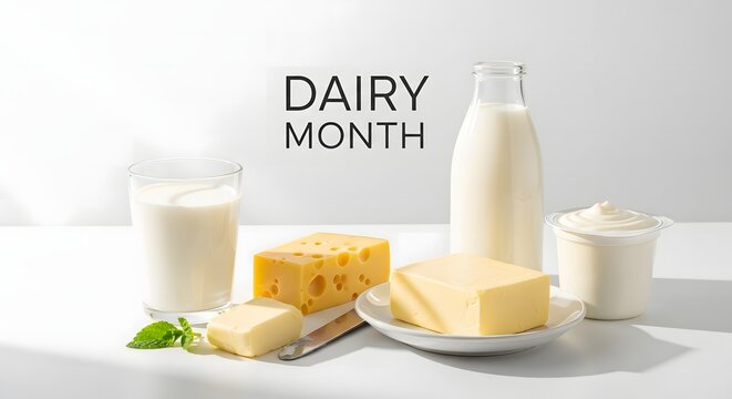 Fresh Dairy Selection with Milk, Cheese, Butter, and Yogurt Arrangement