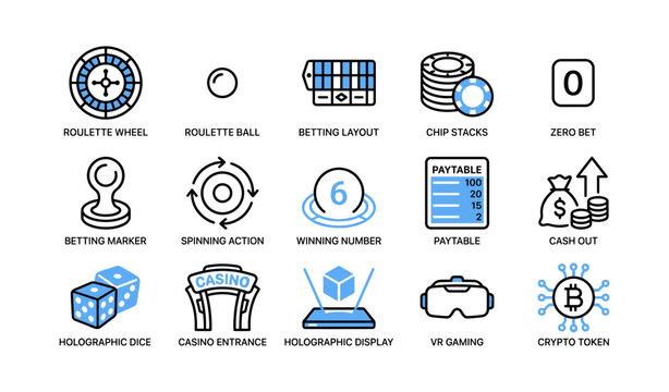 Casino and roulette gaming icons displayed on white background