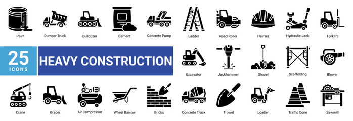Heavy Construction icon set featuring construction vehicles, industrial machinery, safety equipment and building tools for contractor and engineering projects. © Arjuna
