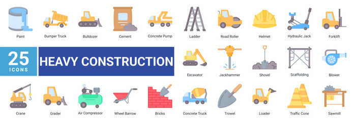 Heavy Construction icon set featuring construction vehicles, industrial machinery, safety equipment and building tools for contractor and engineering projects. © Arjuna
