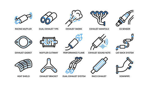 Exhaust components arranged in a labeled grid on white background