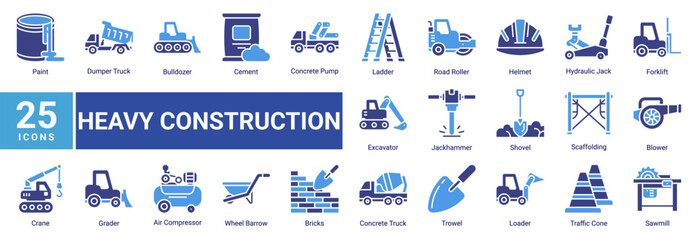 Heavy Construction icon set featuring construction vehicles, industrial machinery, safety equipment and building tools for contractor and engineering projects. © Arjuna