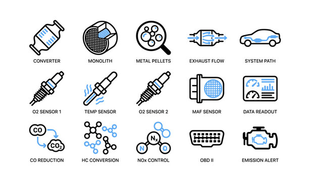 Vehicle emission control icons arranged in grid on white background