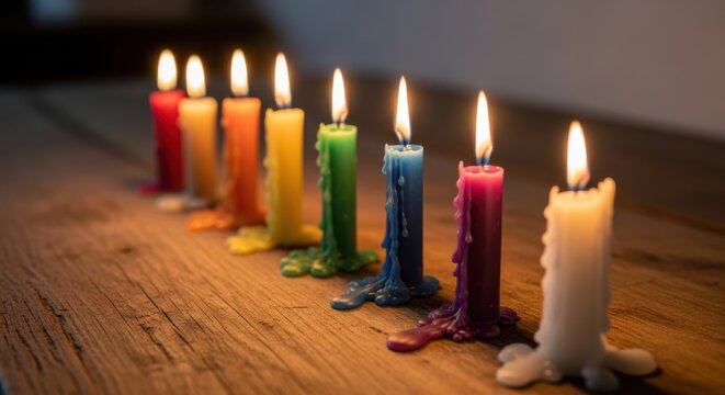 Seven lit candles in a row on wooden surface