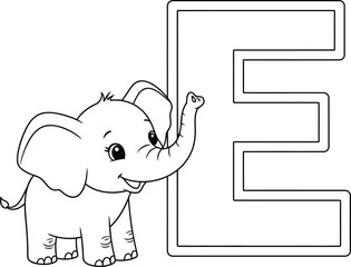 Adorable baby elephant cartoon with letter e illustration for educational resources © Shakera