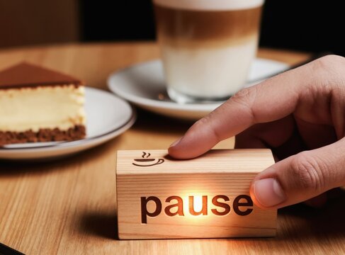 Finger presses wooden block with pause symbol and coffee cup icon. Enjoying cake and latte in cafe. Taking break from work or busy schedule.