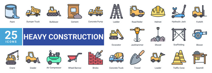 Heavy Construction icon set featuring construction vehicles, industrial machinery, safety equipment and building tools for contractor and engineering projects. © Arjuna