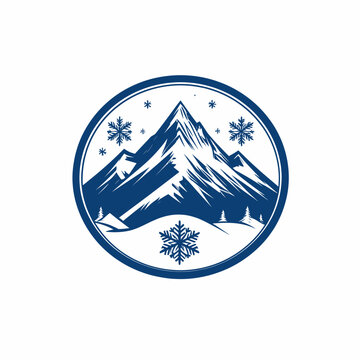 Circular mountain emblem with falling snowflakes.