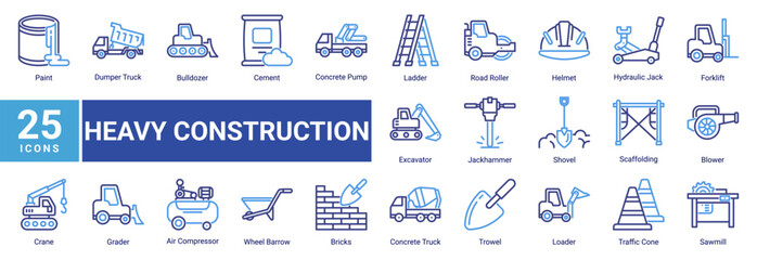 Heavy Construction icon set featuring construction vehicles, industrial machinery, safety equipment and building tools for contractor and engineering projects. © Arjuna