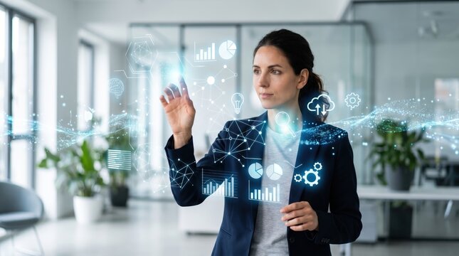 Businesswoman interacting with futuristic holographic interface, touching virtual screen with charts and graphs, cloud computing icons, network connections
