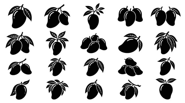 Hanging Mango Tree Silhouette Collection with Tropical Fruit and Leaf Branches Isolated on White