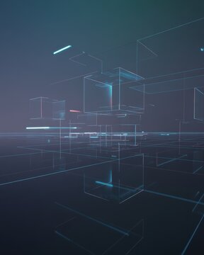Abstract digital space with floating wireframe cubes and intersecting glowing light grid lines