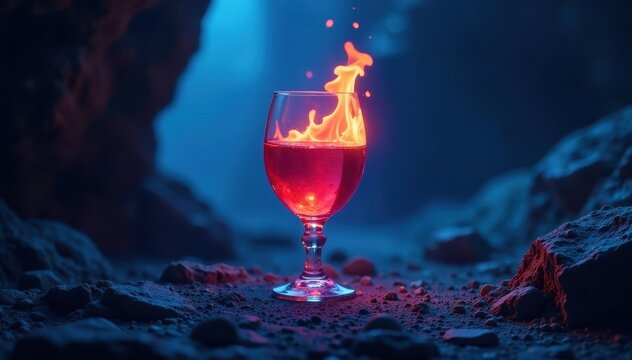 Flames dance in blue goblet, mystic cavern glow , eerie, ancient, flames