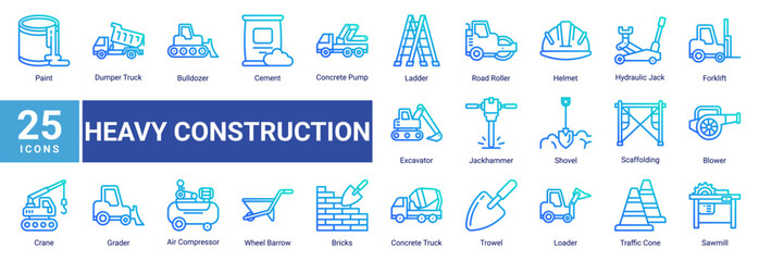 Heavy Construction icon set featuring construction vehicles, industrial machinery, safety equipment and building tools for contractor and engineering projects. © Arjuna