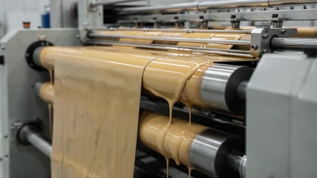 Medium shot of a doublecoated board smoothly moving through sequential coaters showcasing the wetonwet technique with glossy layers blending seamlessly for a polished finish.