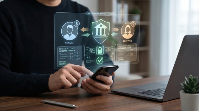 Man using smartphone for secure digital banking transfer, financial technology and mobile payment concept with futuristic HUD interface overlay
