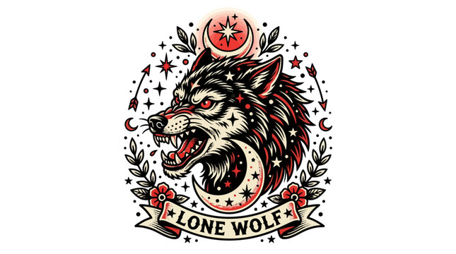 Lone Wolf Tattoo Design Illustration.