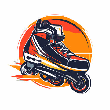 Dynamic inline skate illustration with orange circular background.