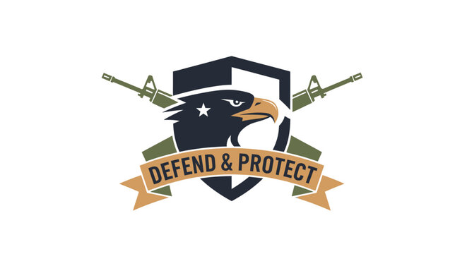 Eagle shield emblem with rifles and banner.