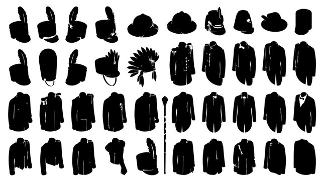Historical clothing silhouettes black vector illustrations of hats coats and uniforms