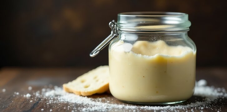 Glass jar filled with bubbling dough leaven for preparing yeast bread, mixture, fermentation, container