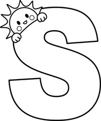 Fototapeta premium Cartoon sun peeking over letter s line art illustration for children's education