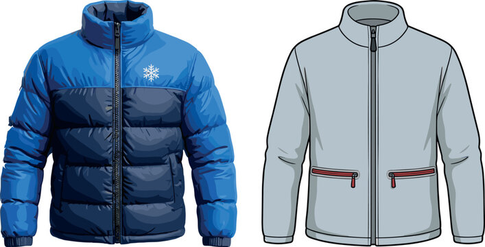 Winter Jacket Vector Illustration Set Featuring Blue Puffer Down Coat with Snowflake Emblem and Grey Technical Fleece Zip Up Mockup for Outerwear Apparel Designs