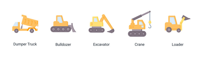 Earth Movers icon set featuring heavy construction vehicles for excavation, lifting and industrial engineering projects. © Arjuna