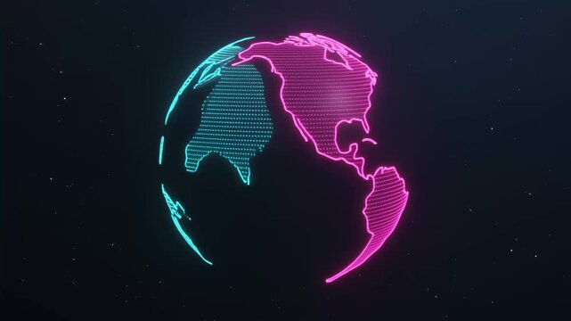 A glowing digital representation of the world in vibrant neon colors against space.