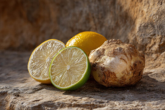Sliced lime, lemon, and whole celeriac on textured stone surface with harsh sunlight, showcasing fresh ingredients and natural shadows in rustic outdoor food photography